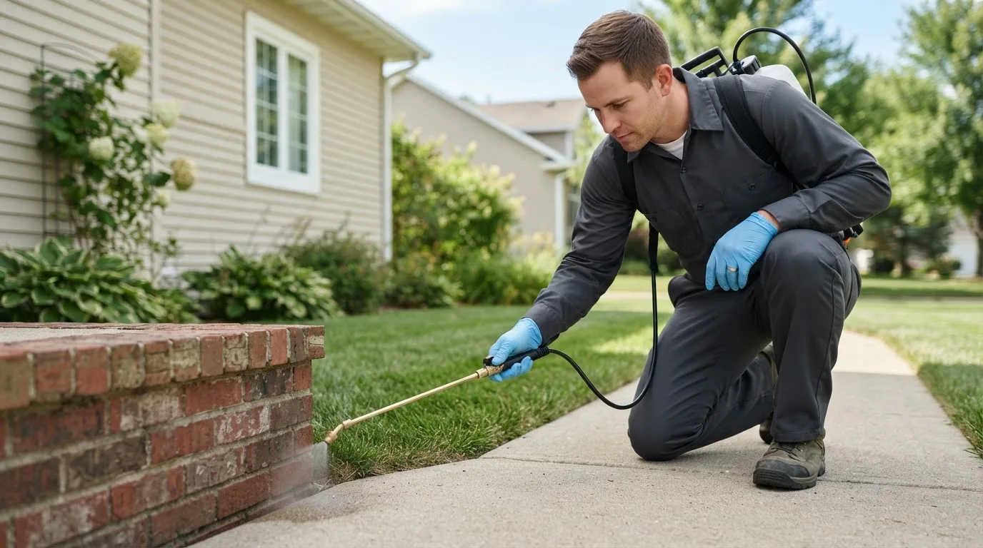 Pest control technician treating a home near Crandall, GA
