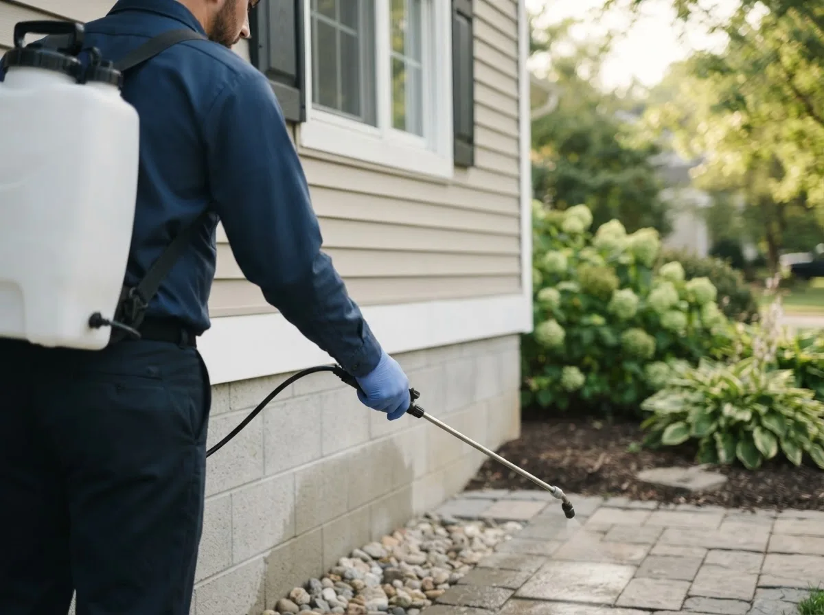 Pest control technician inspecting a home in Crandall, GA